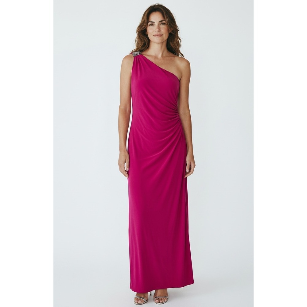 Chaps‎ Maxi Evening Gown 14 Pink One Shoulder Ruched Rhinestone Cocktail Wedding